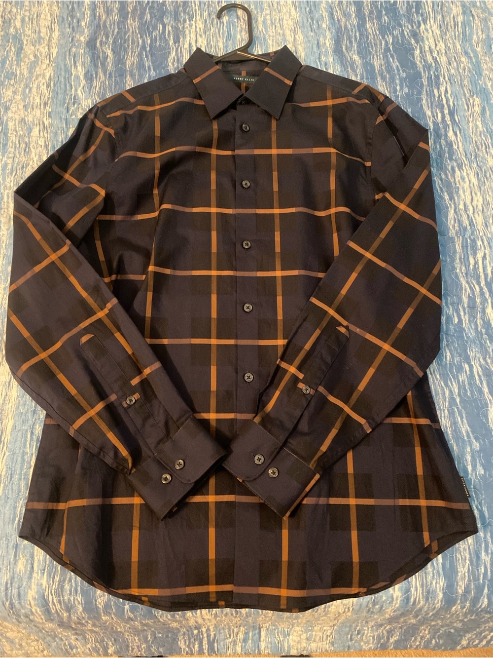 Perry Ellis Button-Down Men's Navy and Brown Gold Dress Shirt